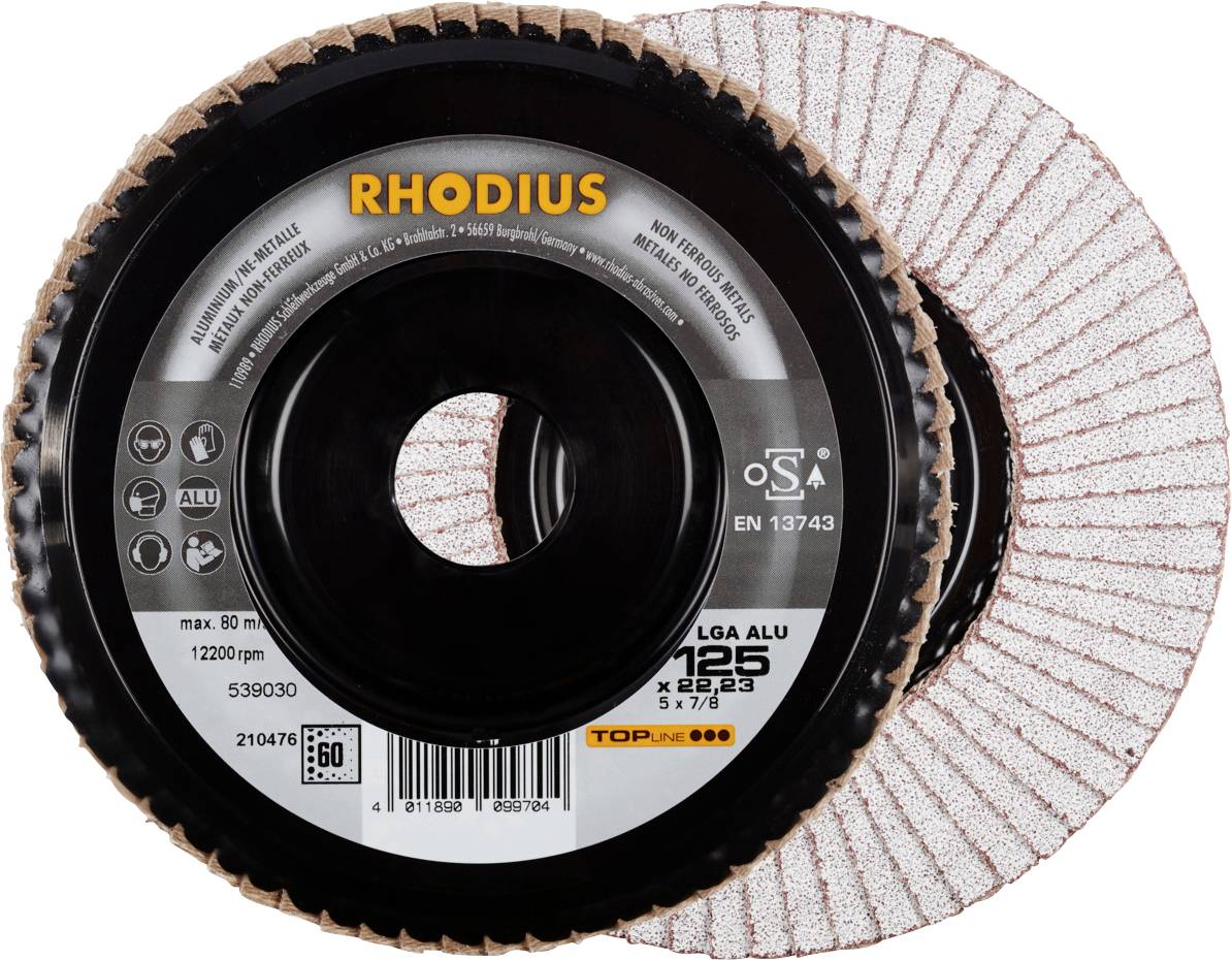 'RHODIUS' Fächerscheiben, Körnung 80, 125 mm Durchmesser, 80 m/s Geschwindigkeit, 12200 U/min.