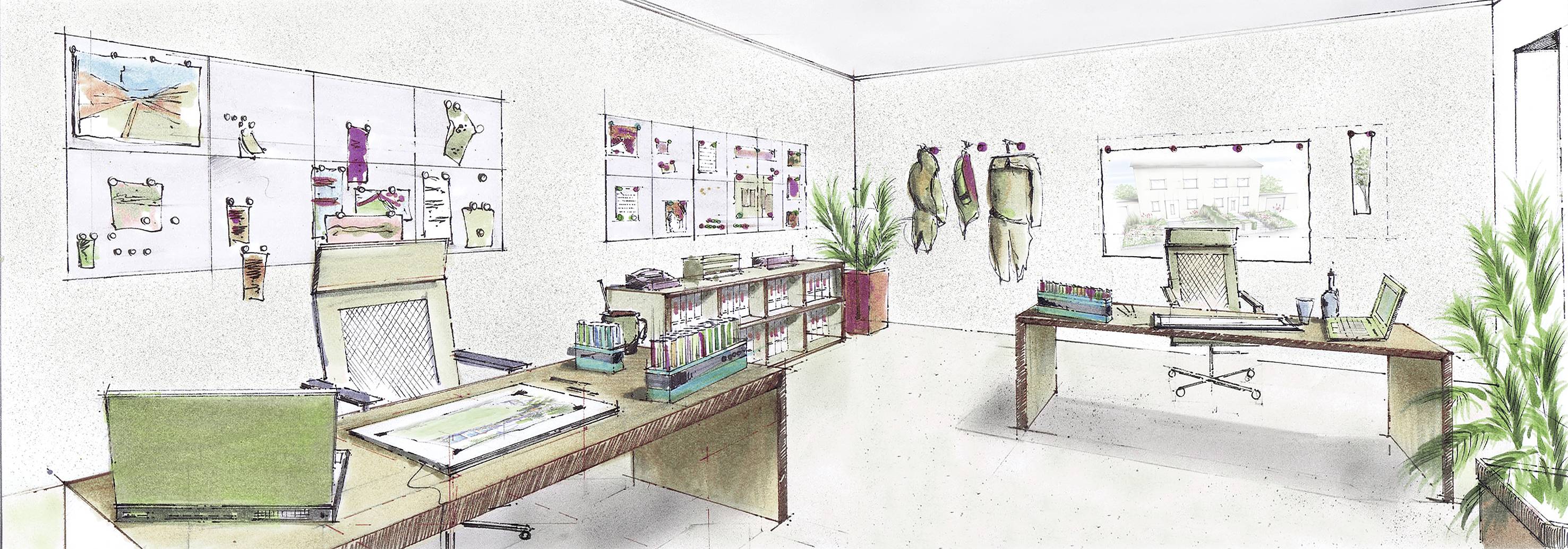 Ein stilisiertes Büro mit zwei Schreibtischen, Pflanzen, Wandtafel und Zeichnungen. Helle, offene Atmosphäre mit moderner Einrichtung.