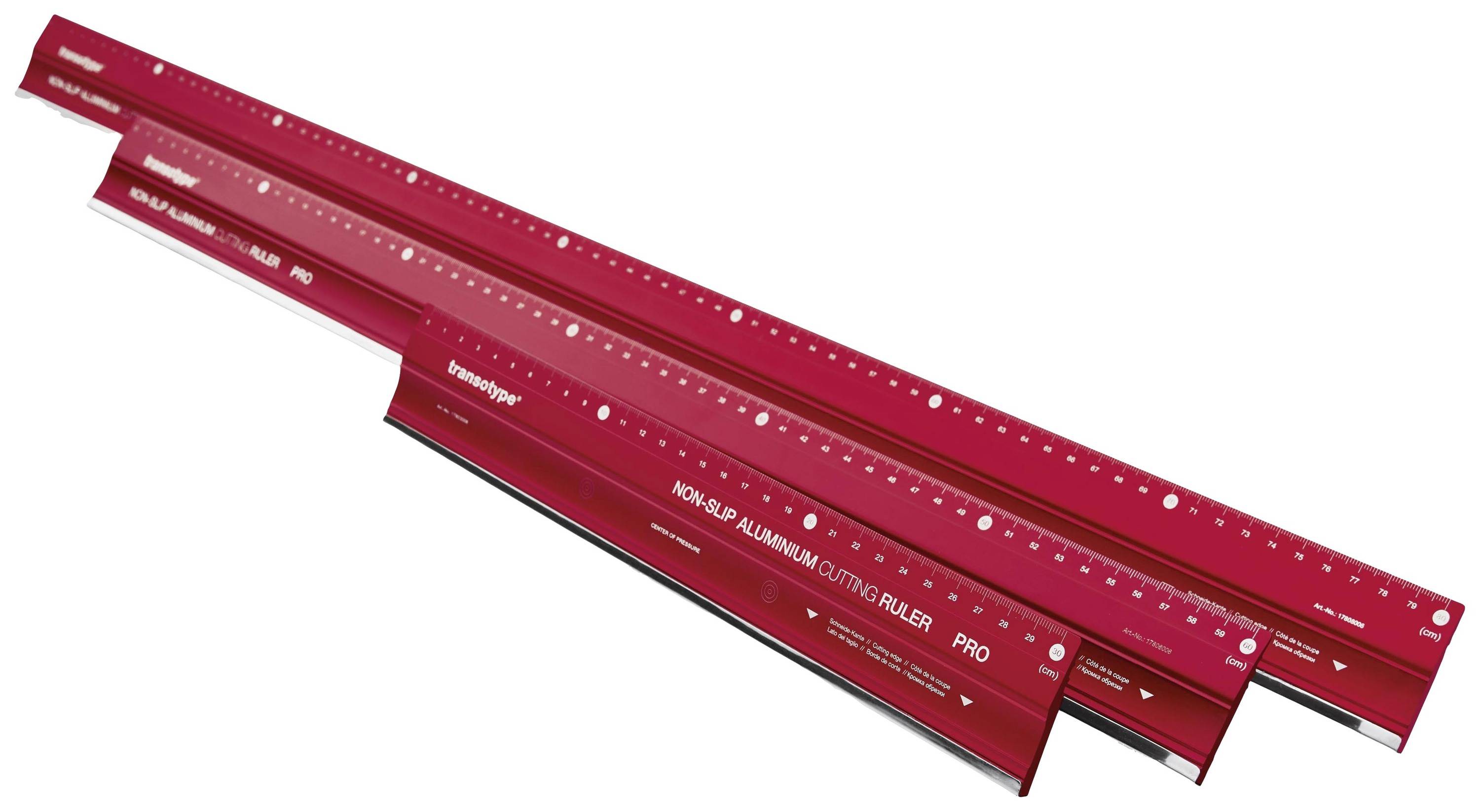 Drei rote Aluminium-Schneidelineale mit Zentimeter- und Zollskala, Anti-Rutsch-Funktion, in verschiedenen Längen gestapelt.