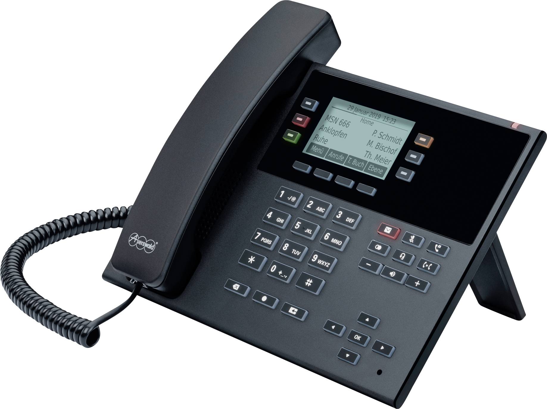 Ein schwarzes Bürotelefon mit Tastenfeld und Display, zeigt Anrufliste mit mehreren Namen und Nummern, Hörer auf der linken Seite.