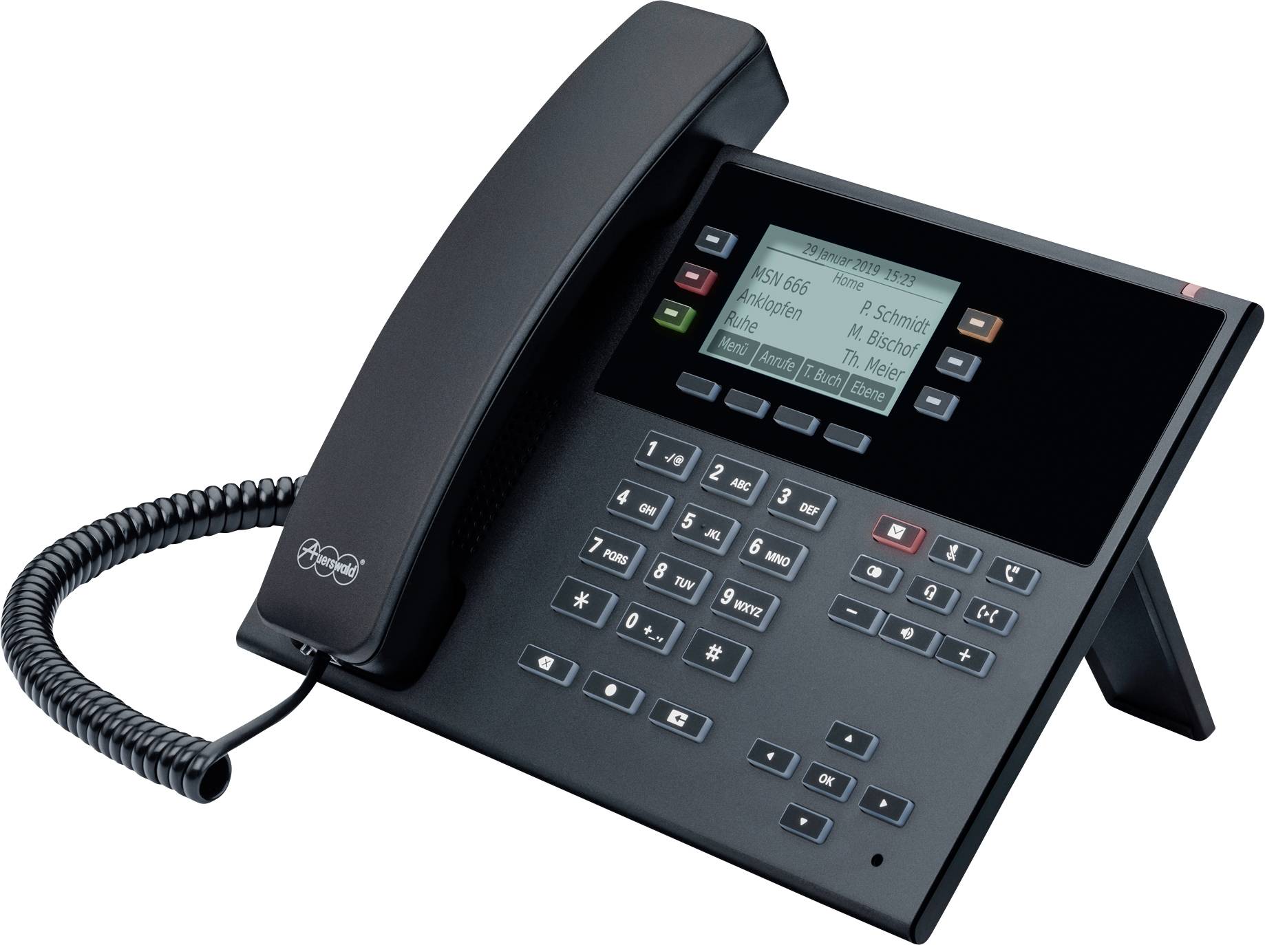 Ein modernes Tischtelefon mit numerischer Tastatur, Display mit Anruferinformationen und verschiedenen Funktionstasten.