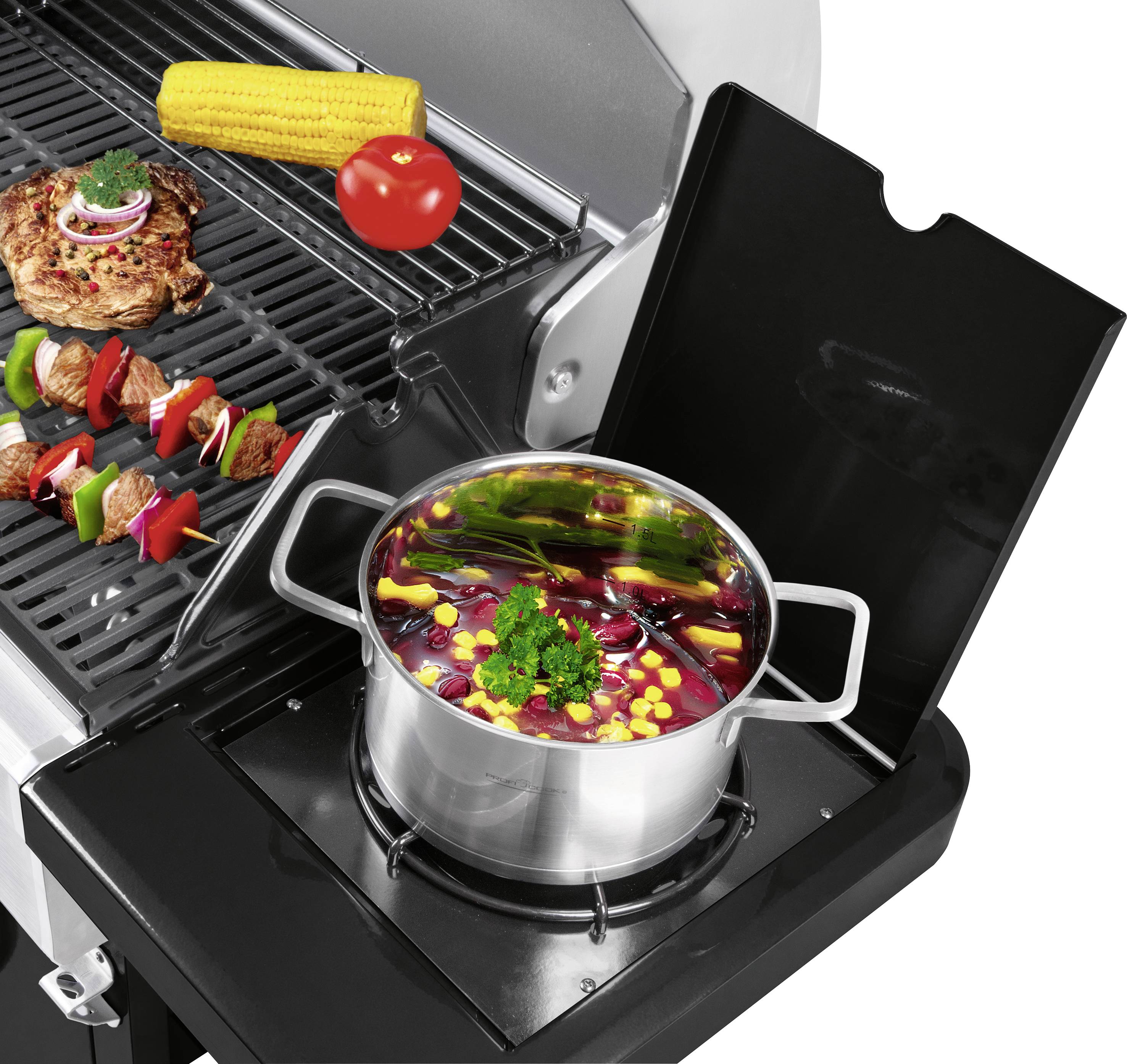 Profi Cook PC-GG 1219 Gas Grill 3 Brenner, mit Kochfunktion Edelstahl, Schwarz