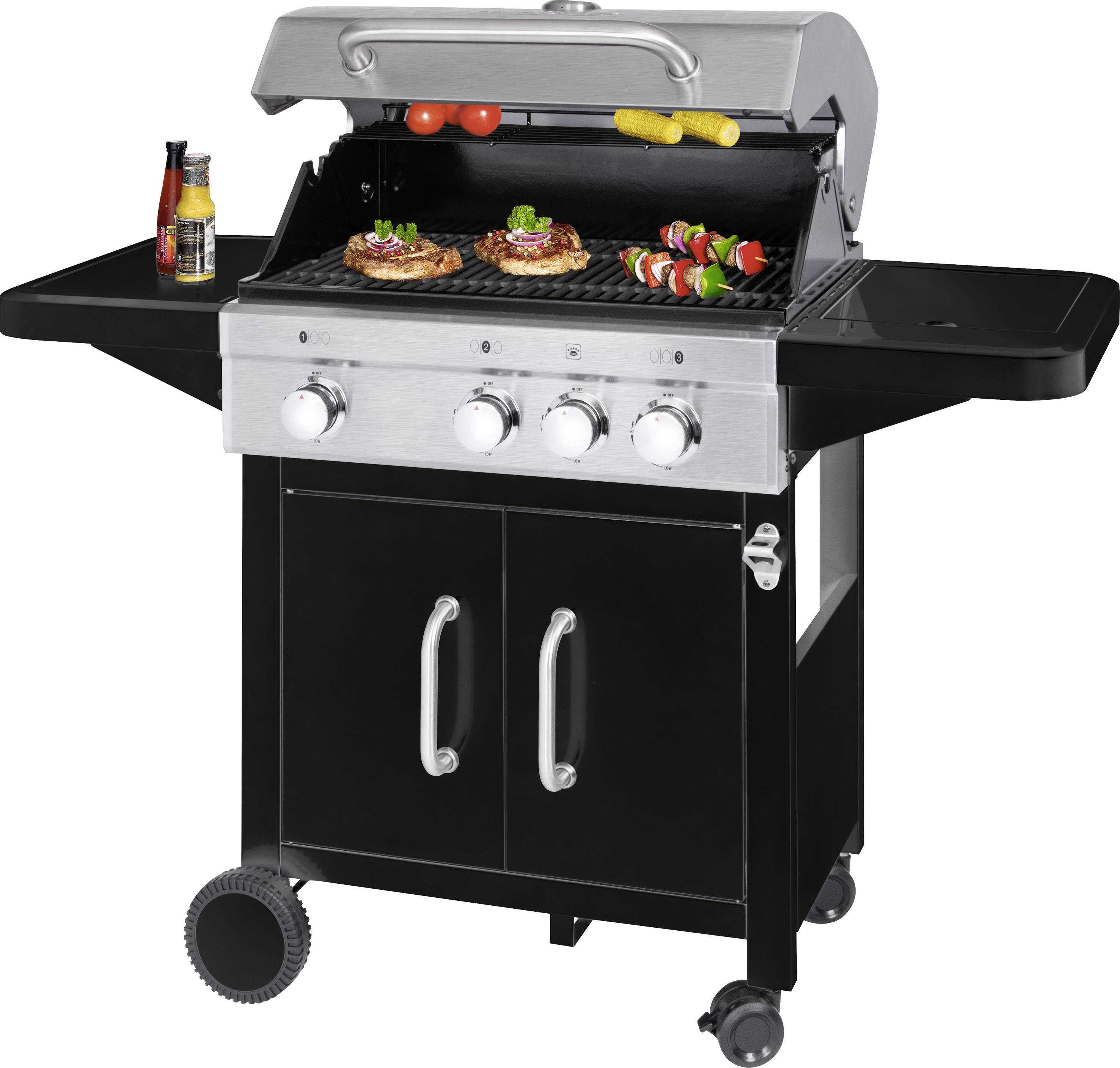 Profi Cook PC-GG 1219 Gas Grill 3 Brenner, mit Kochfunktion Edelstahl, Schwarz