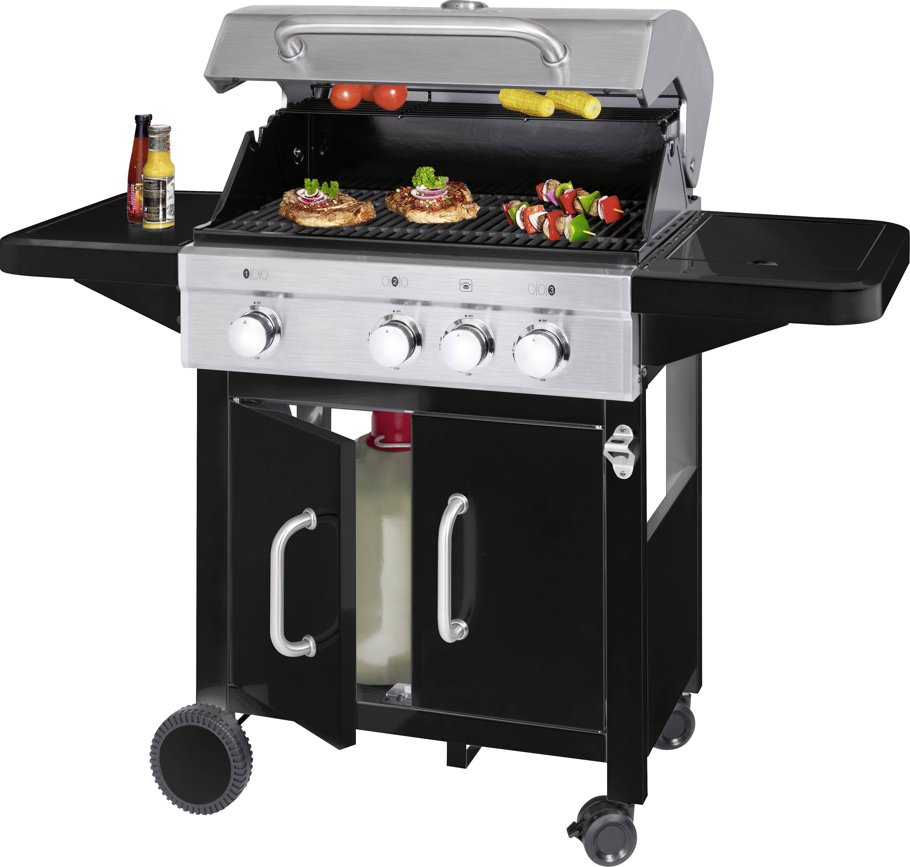 Profi Cook PC-GG 1219 Gas Grill 3 Brenner, mit Kochfunktion Edelstahl, Schwarz