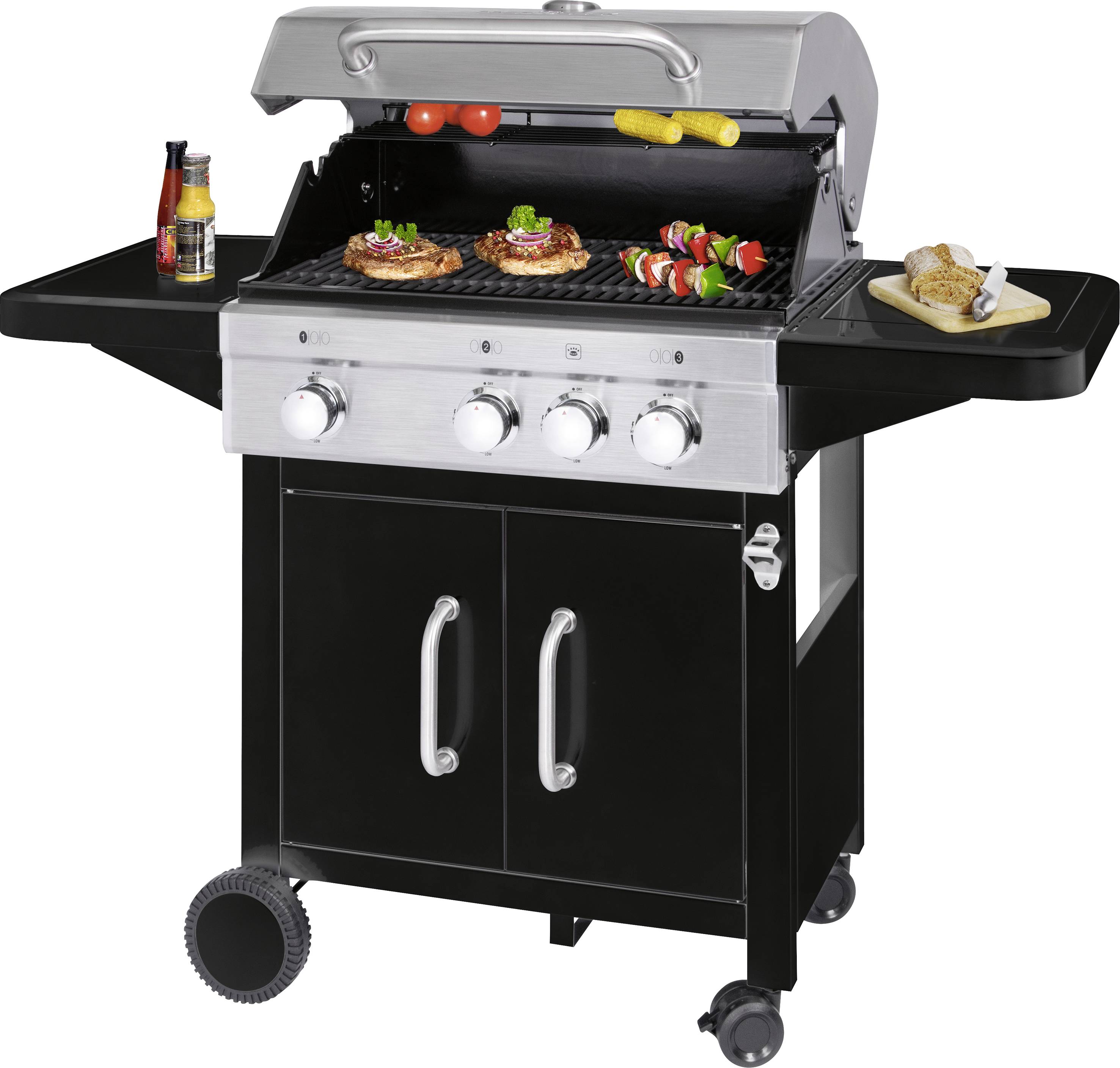 Profi Cook PC-GG 1219 Gas Grill 3 Brenner, mit Kochfunktion Edelstahl, Schwarz