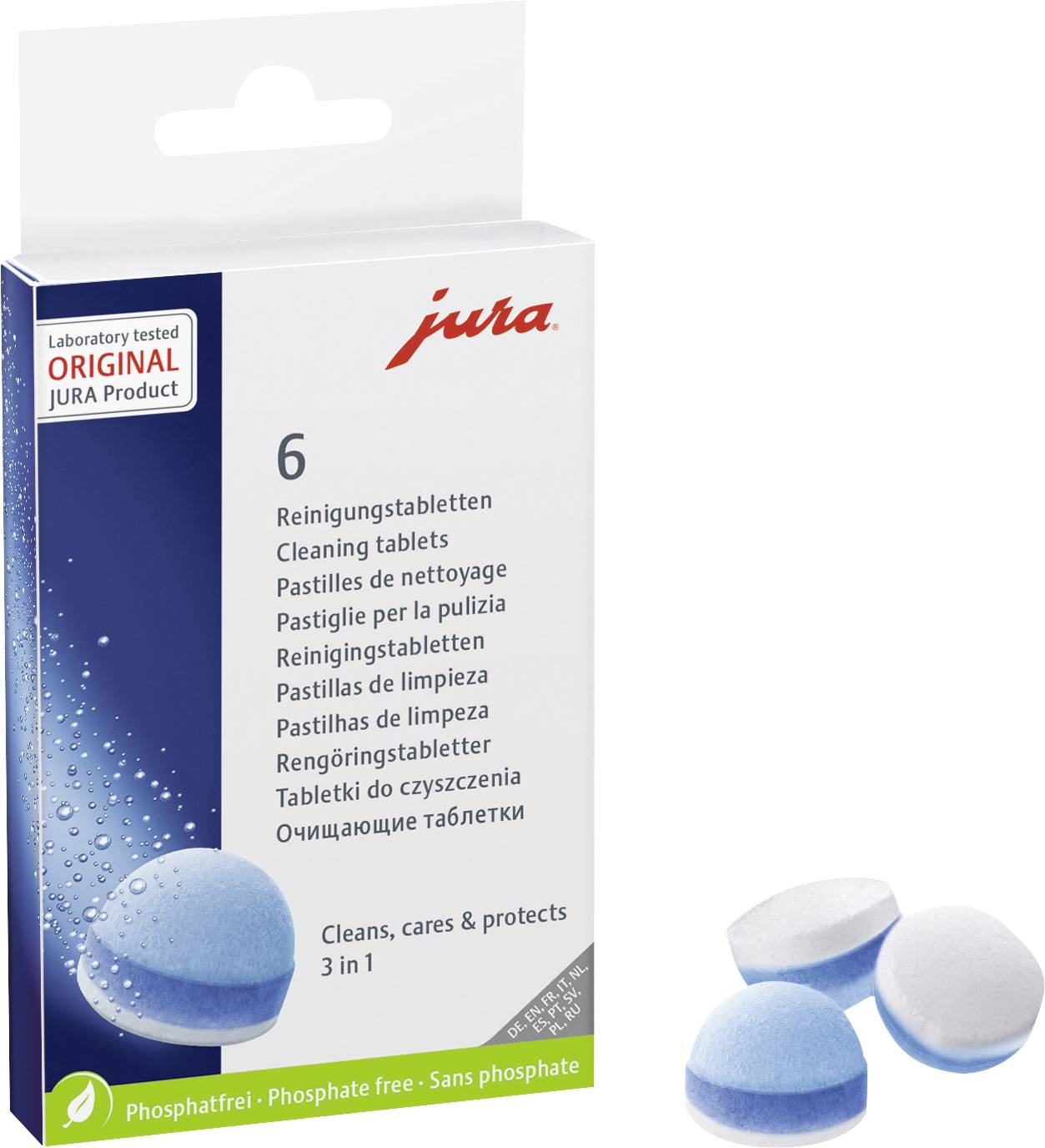'Verpackung für Jura Reinigungstabletten mit 6 Tabletten. Text 'Cleans, cares & protects 3 in 1'. Geeignet für Kaffeemaschinen.'