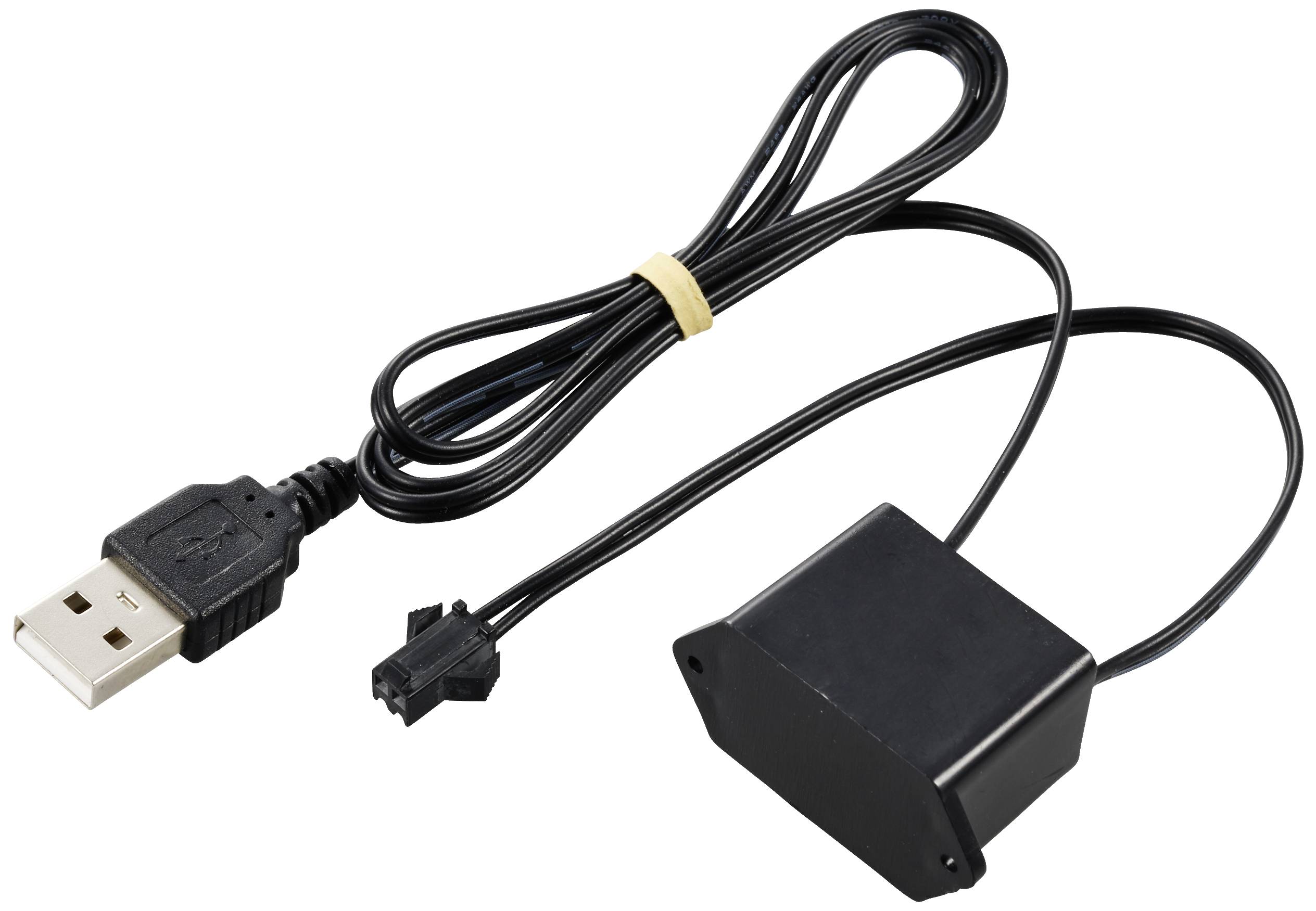 Schwarzes USB-Kabel mit rechteckigem Kunststoffgehäuse am Ende und kleinem Stecker. Verwendet zur Verbindung elektronischer Geräte.