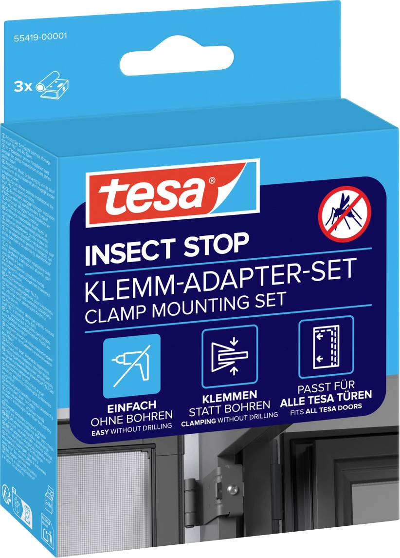 Tesa Insect Stop Spannmontage-Set in Packung zur Installation von Insektenschutzgittern ohne Bohren, gezeigt in blauer Schachtel mit Produktabbild und Symbolen.