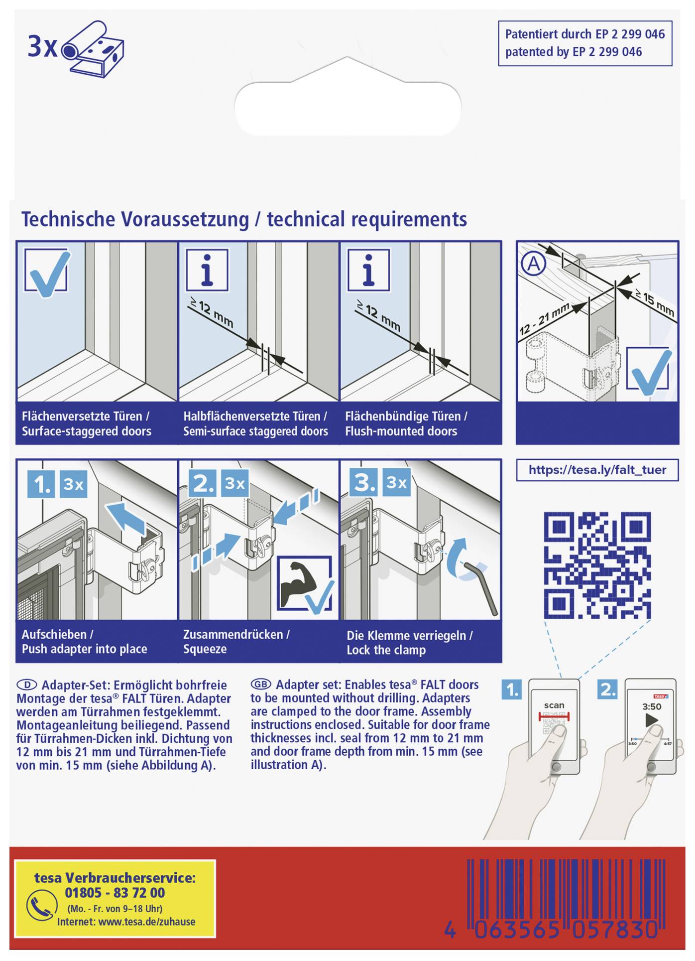 'Technische Voraussetzung' zeigt Installationsanweisungen für Türscharniere mit visuellen Anleitungen und Hinweisen auf Kompatibilität.
