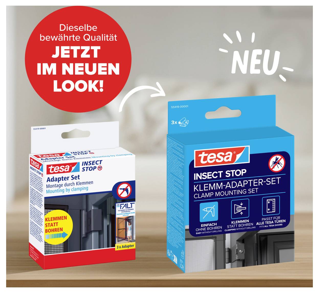 Werbebild mit zwei tesa Insektenschutz-Verpackungen im Vergleich: links altes Design, rechts neues blaues Design mit 'NEU' und Hinweis auf dieselbe bewährte Qualität.