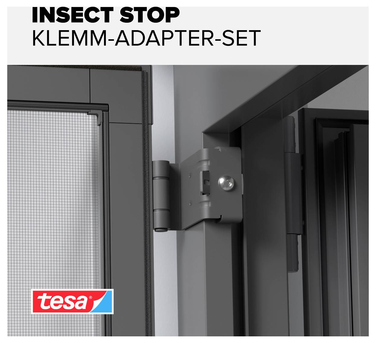 Insect Stop Klemm-Adapter-Set von tesa: Adapter an Fensterrahmen zur Befestigung eines Insektenschutzgitters.