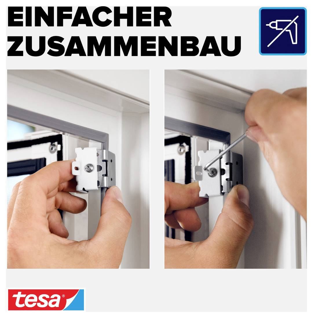 Anleitung zum einfachen Zusammenbau eines tesa-Fensterbeschlags: Bauteil einsetzen und mit Schraubendreher fixieren.