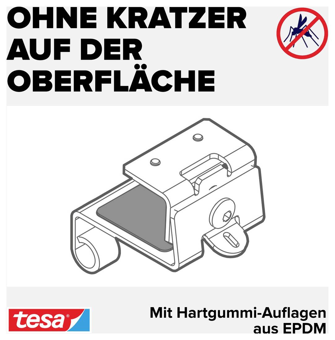 Illustration eines Halters mit Hartgummi-Auflagen aus EPDM; Text: 'OHNE KRATZER AUF DER OBERFLÄCHE' und tesa-Logo, Hinweis auf kratzfreie Montage.