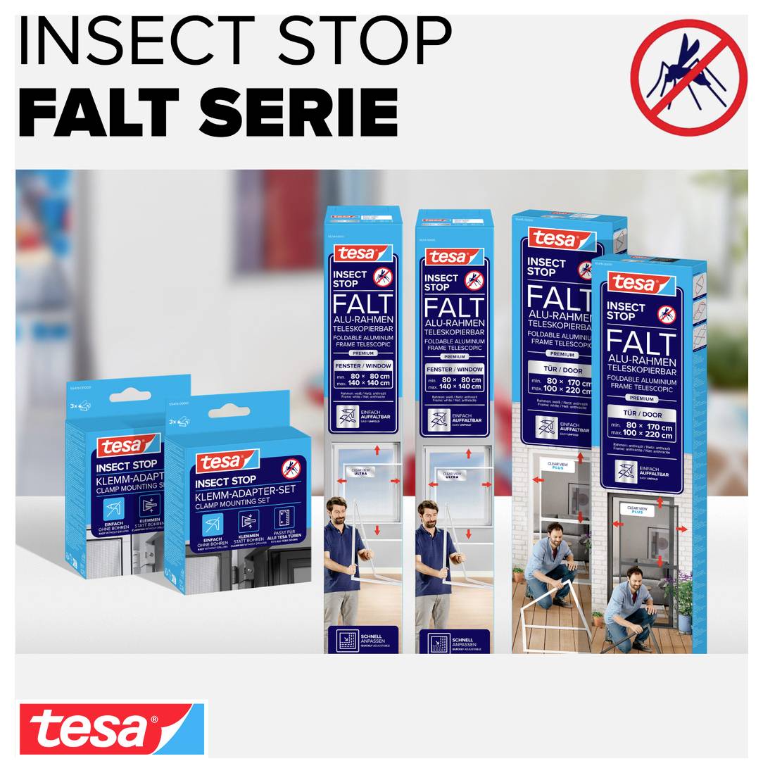 Werbebild der tesa 'Insect Stop Falt Serie' mit mehreren Fliegengitter-Produkten für Fenster und Türen; oben Titel und Mückensymbol, unten tesa-Logo.