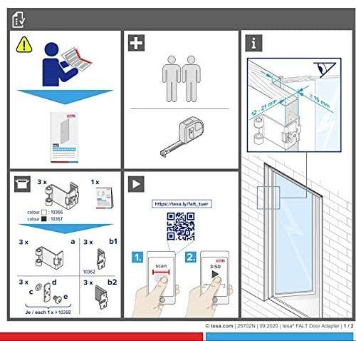 Anleitung zur Installation eines Türadapters: Teileabbildungen, Maßangaben und Schritt-für-Schritt-Illustrationen.