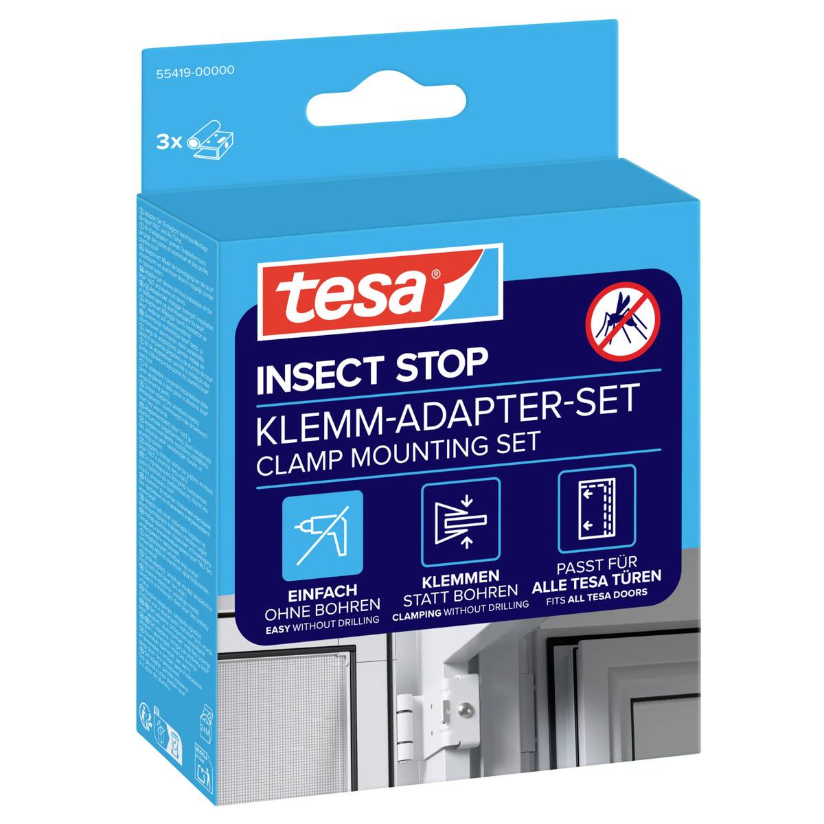Paket für tesa Insect Stop Spannvorrichtungs-Adapterset, zeigt ein Montageset zum Befestigen von Insektenschutzgittern an Türen ohne Bohren.