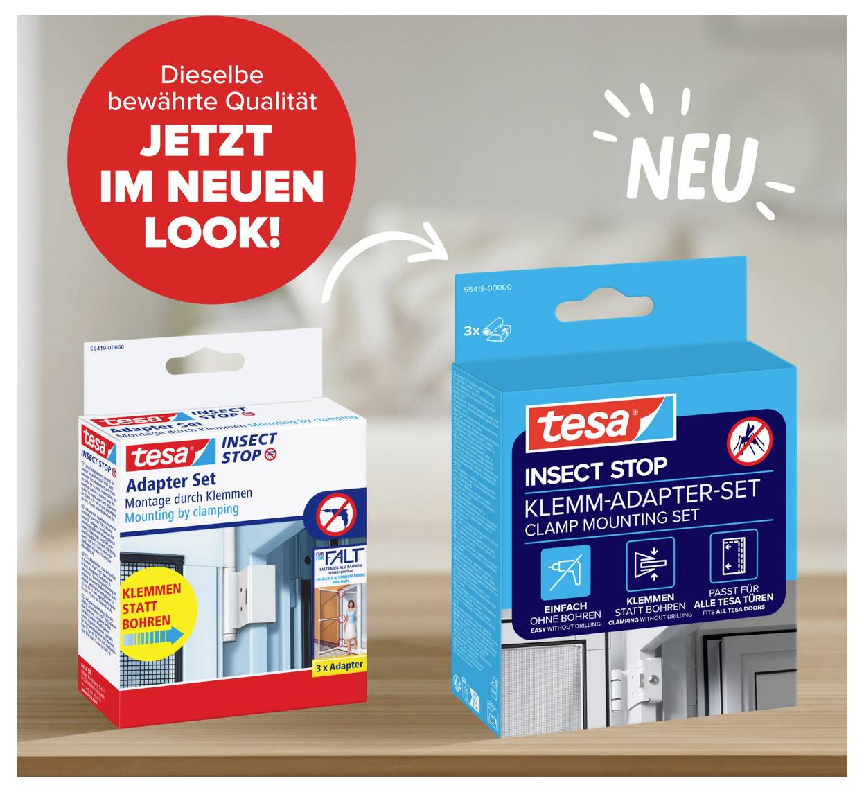 Werbegrafik mit zwei tesa INSECT STOP Verpackungen: links altes Adapter-Set, rechts neues Klemm-Adapter-Set mit Hinweis „NEU“ und „Jetzt im neuen Look!“