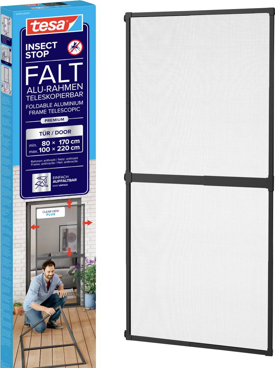 Faltbarer Aluminium-Insektenschutz-Türrahmen von tesa, neben seiner Produktschachtel gezeigt; expandiert für Türöffnungen bis 80 x 170 cm, max. 100 x 220 cm.