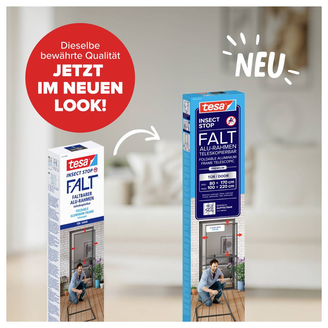 Werbeanzeige mit vorher-nachher-Vergleich eines Tesa Insektenschutz-Fensters: links alte, rechts neue Verpackung im 'NEU'-Look.