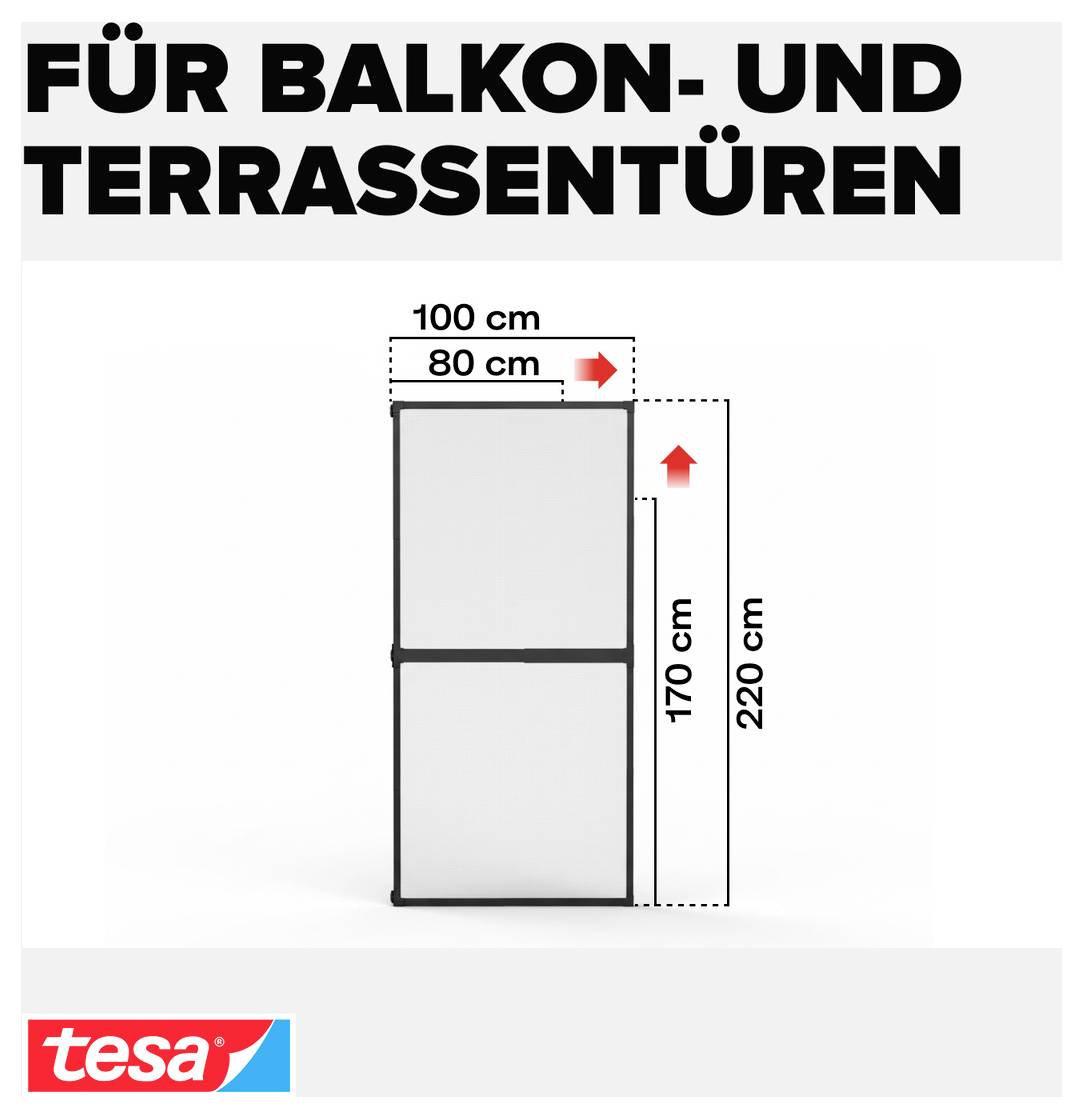 Werbegrafik für Balkon- und Terrassentüren: Maßskizze mit 100 cm und 80 cm Breite sowie 220 cm und 170 cm Höhe, tesa-Logo.
