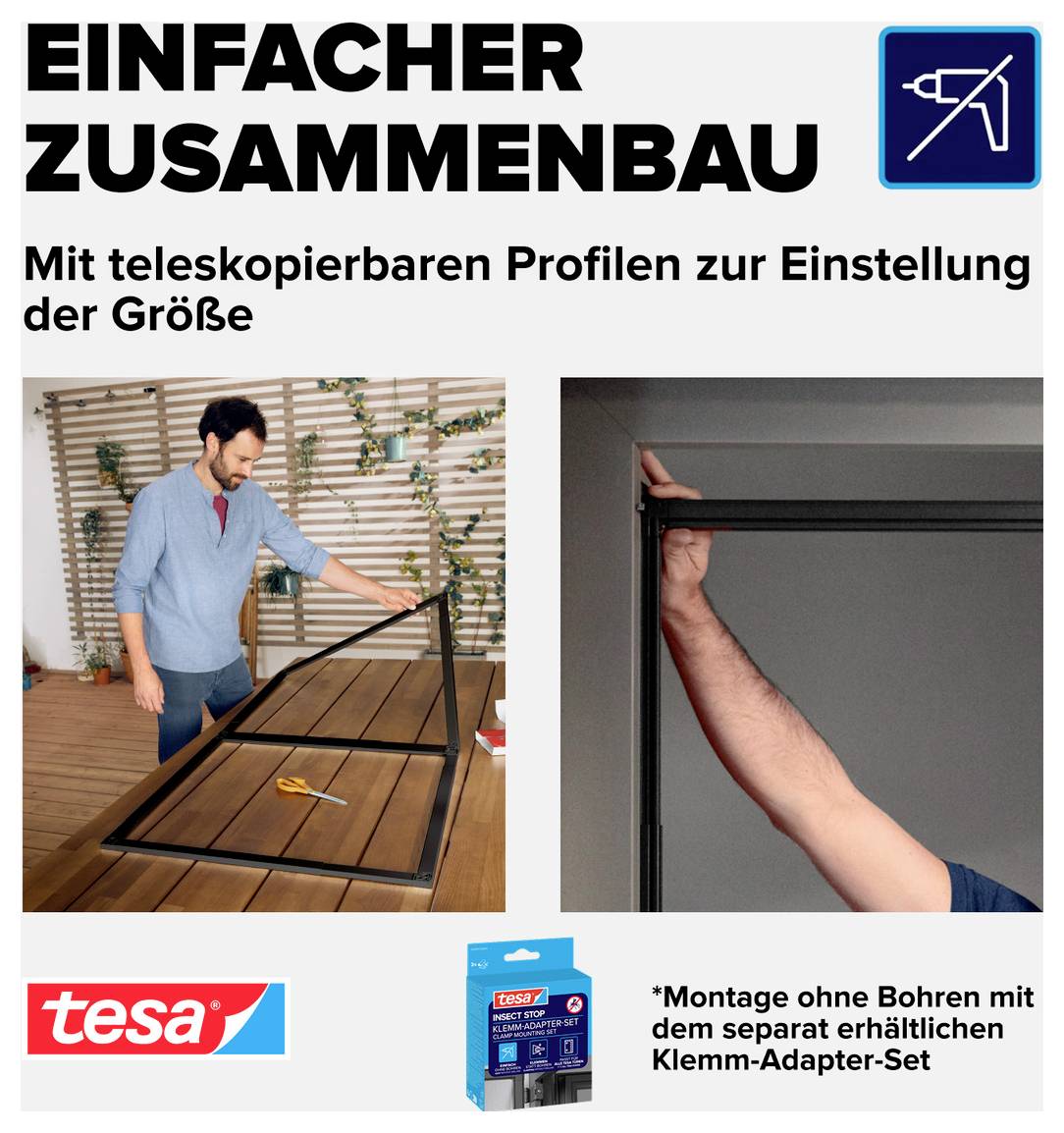 Werbebild für ein tesa Klemm-Adapter-Set: Mann montiert einen schwarzen Rahmen; teleskopierbare Profile ermöglichen einfache Größenanpassung ohne Bohren.