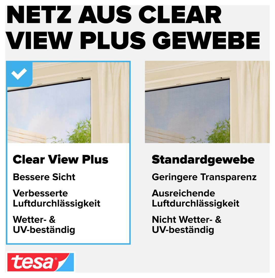 Werbevergleich für Insektengitter: 'Clear View Plus' bietet bessere Sicht, bessere Luftdurchlässigkeit sowie Wetter- und UV-Beständigkeit; Standardgewebe nicht.