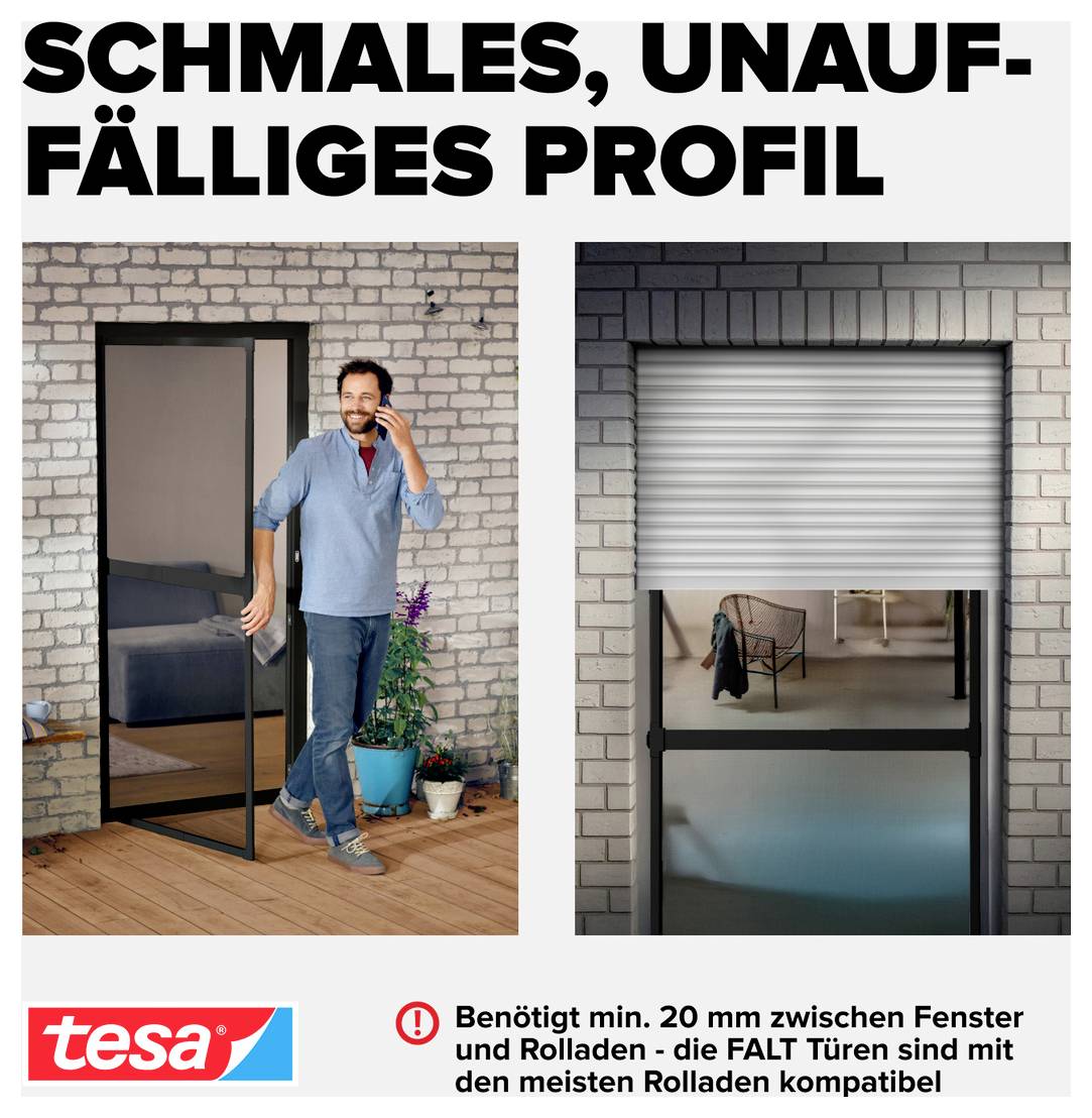Werbegrafik: links eine schmale Falttür am Fenster, rechts ein Rollladen über dem Fenster; Text: 'SCHMALES, UNAUF-FÄLLIGES PROFIL' und Hinweis auf mindestens 20 mm Abstand.