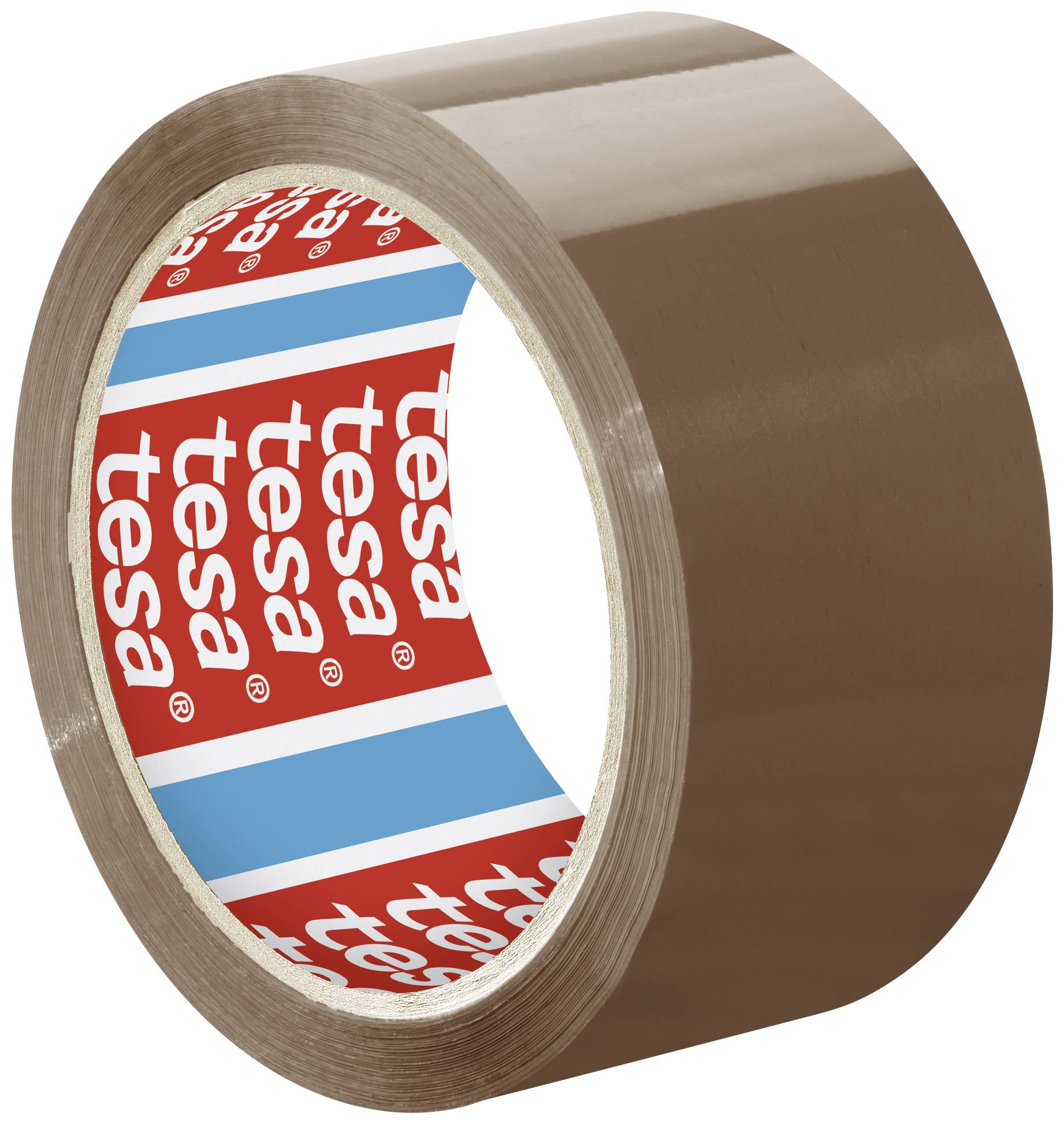 Braunes Klebeband von 'tesa', teilweise entrollt, auf einer Rolle.