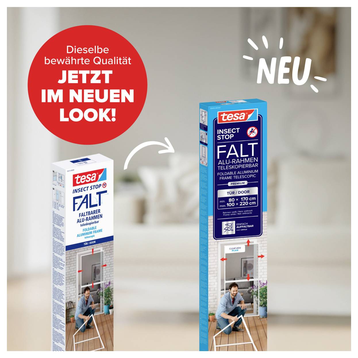 Tesa Insect Stop Paket-Neugestaltung, nebeneinander gezeigt: alte weiße Schachtel und neue blaue Schachtel, mit deutschem Text „JETZT IM NEUEN LOOK!