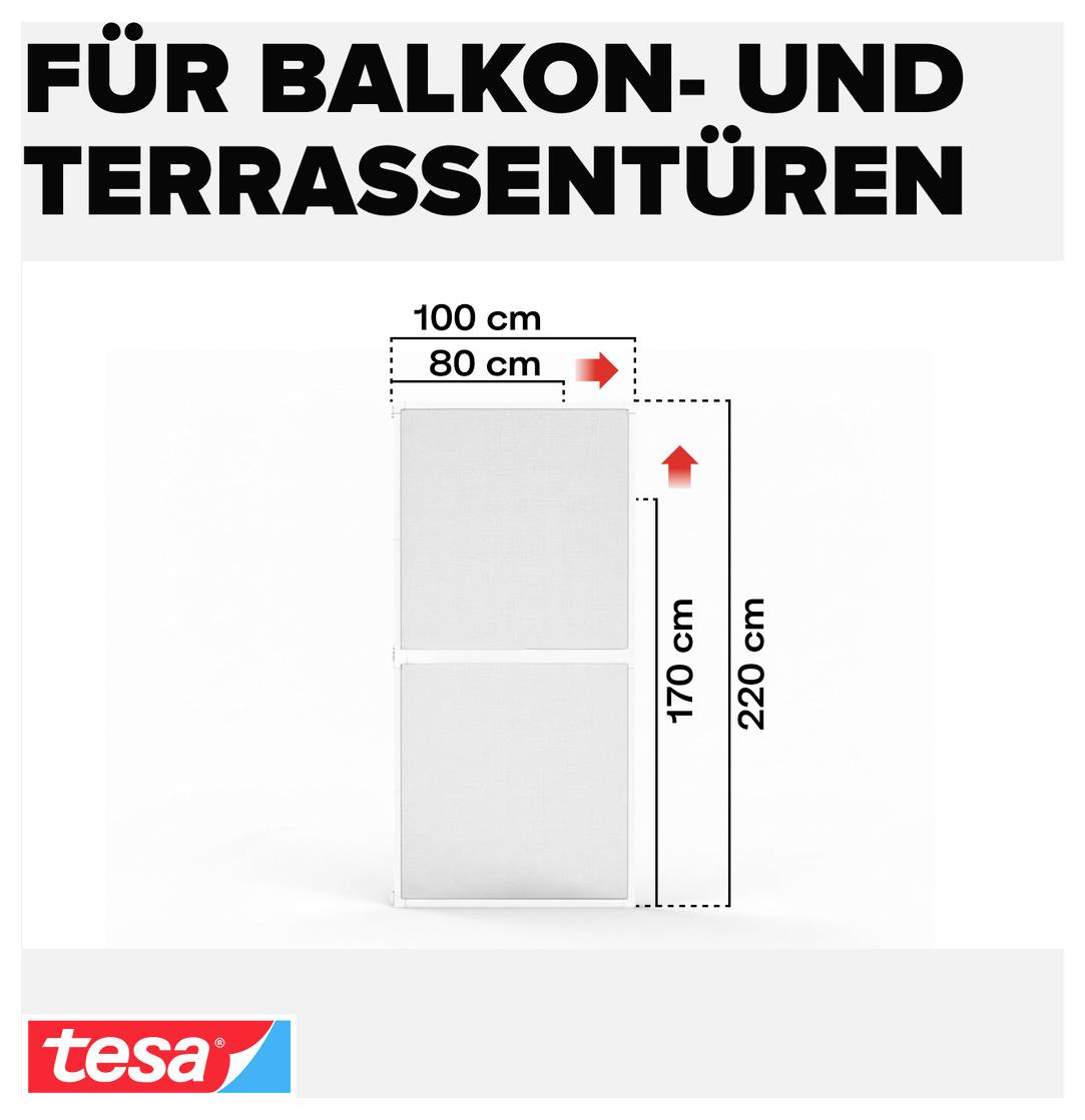 Haftungsrollo-Diagramm für Balkone und Terrassen, zeigt Einbaumaße 80 cm oder 100 cm breit und 170 cm oder 220 cm lang, mit tesa-Branding.