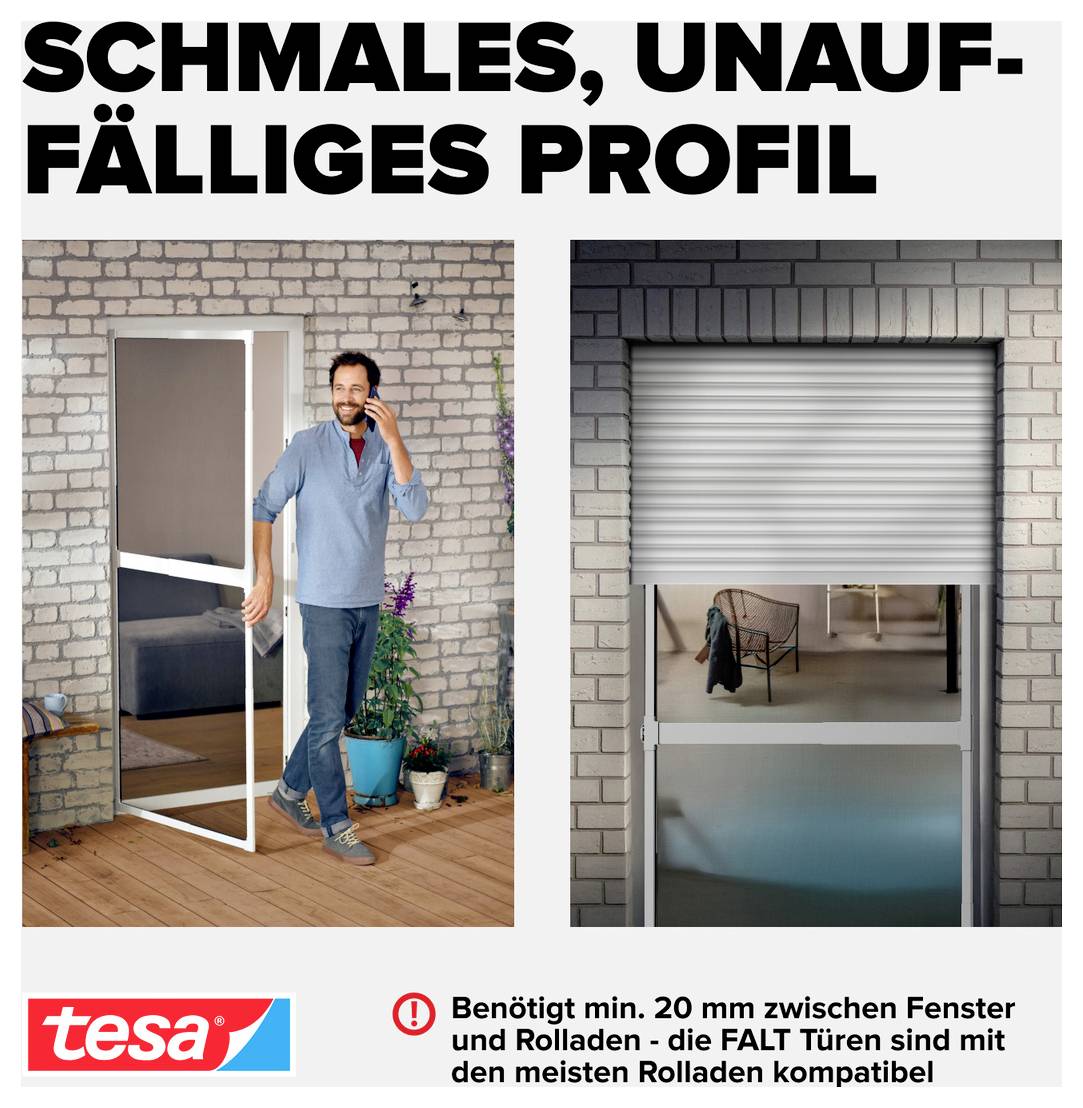 Werbebild mit einem schlanken, platzsparenden Falltürprofil und einem teilweise herabgelassenen Rollladen, mit dem Text: „SCHMALES, UNAUFFÄLLIGES PROFIL
