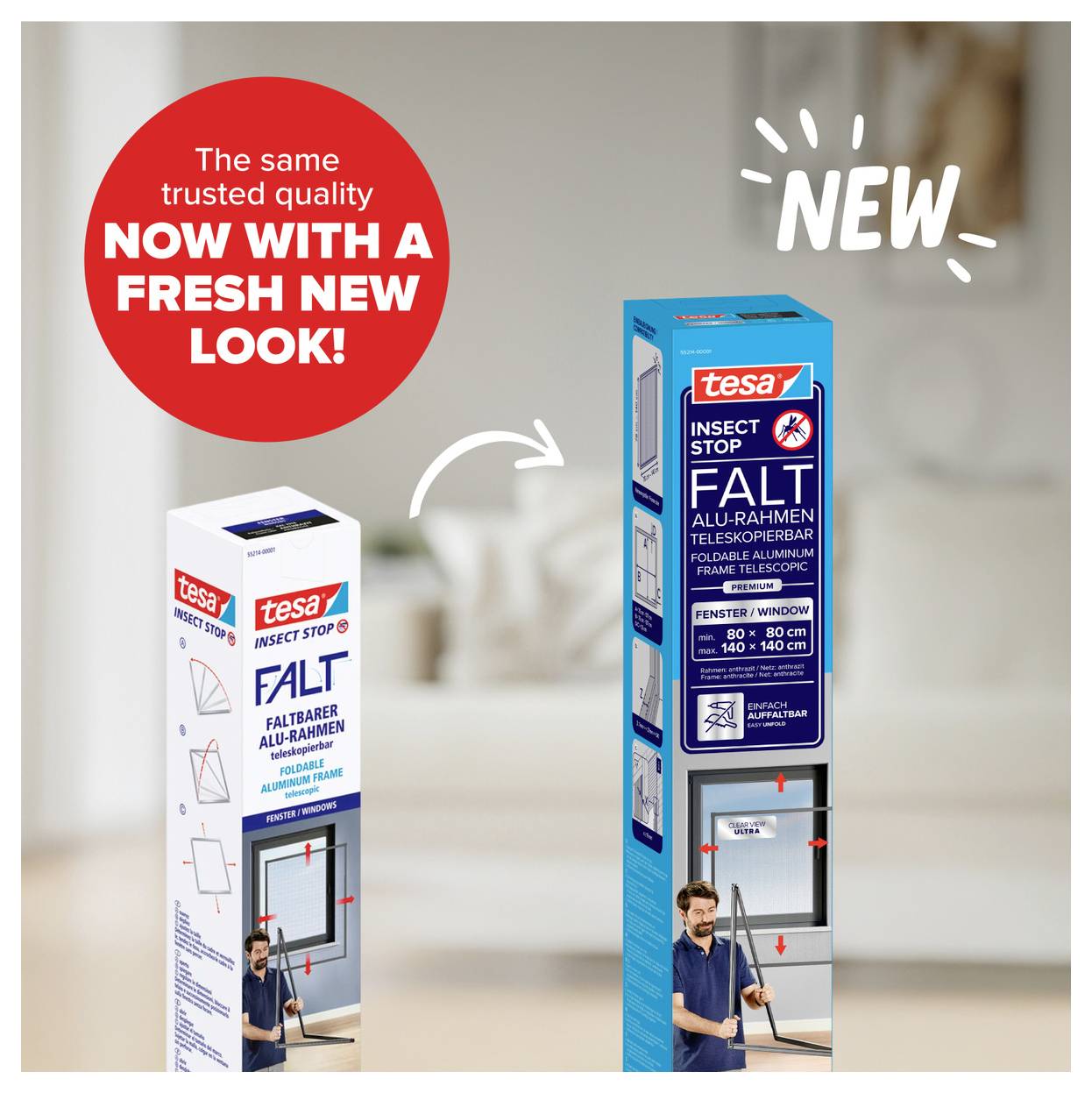 tesa Fliegengitter-Faltkarton in alter und neuer Verpackung, mit Hinweis 'NEW' und 'Now with a fresh new look!'