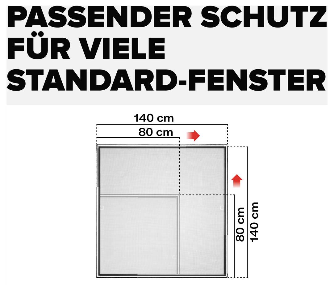Grafik mit dem Text 'PASSENDER SCHUTZ FÜR VIELE STANDARD-FENSTER': Fensterrahmen mit Maßangaben 80 cm und 140 cm, Pfeile zeigen passende Größe und Ausrichtung.