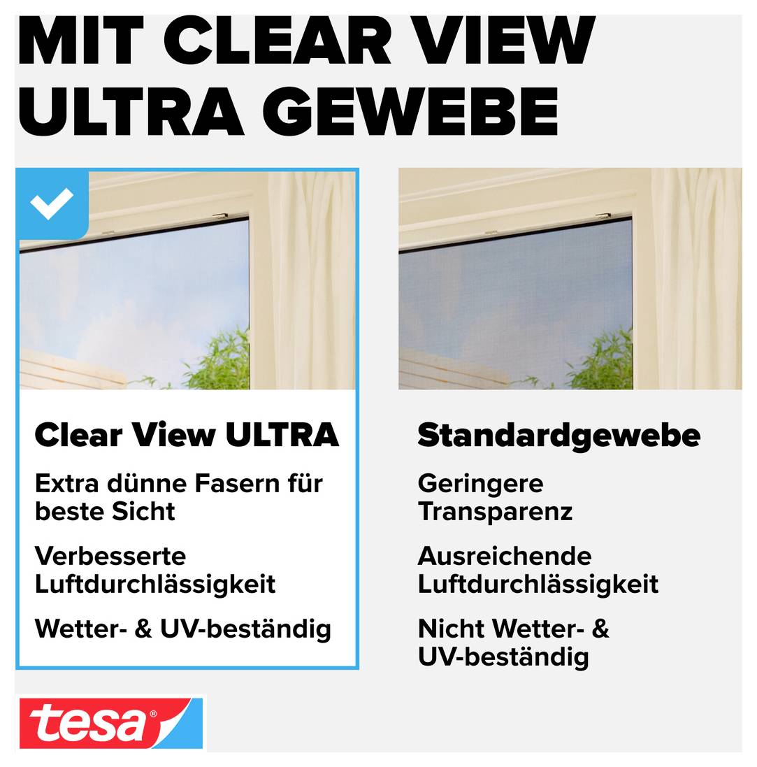 Werbegrafik zum Vergleich von 'Clear View ULTRA' und Standardgewebe: links bessere Sicht, Luftdurchlässigkeit sowie Wetter- und UV-Beständigkeit; rechts geringere Transparenz.