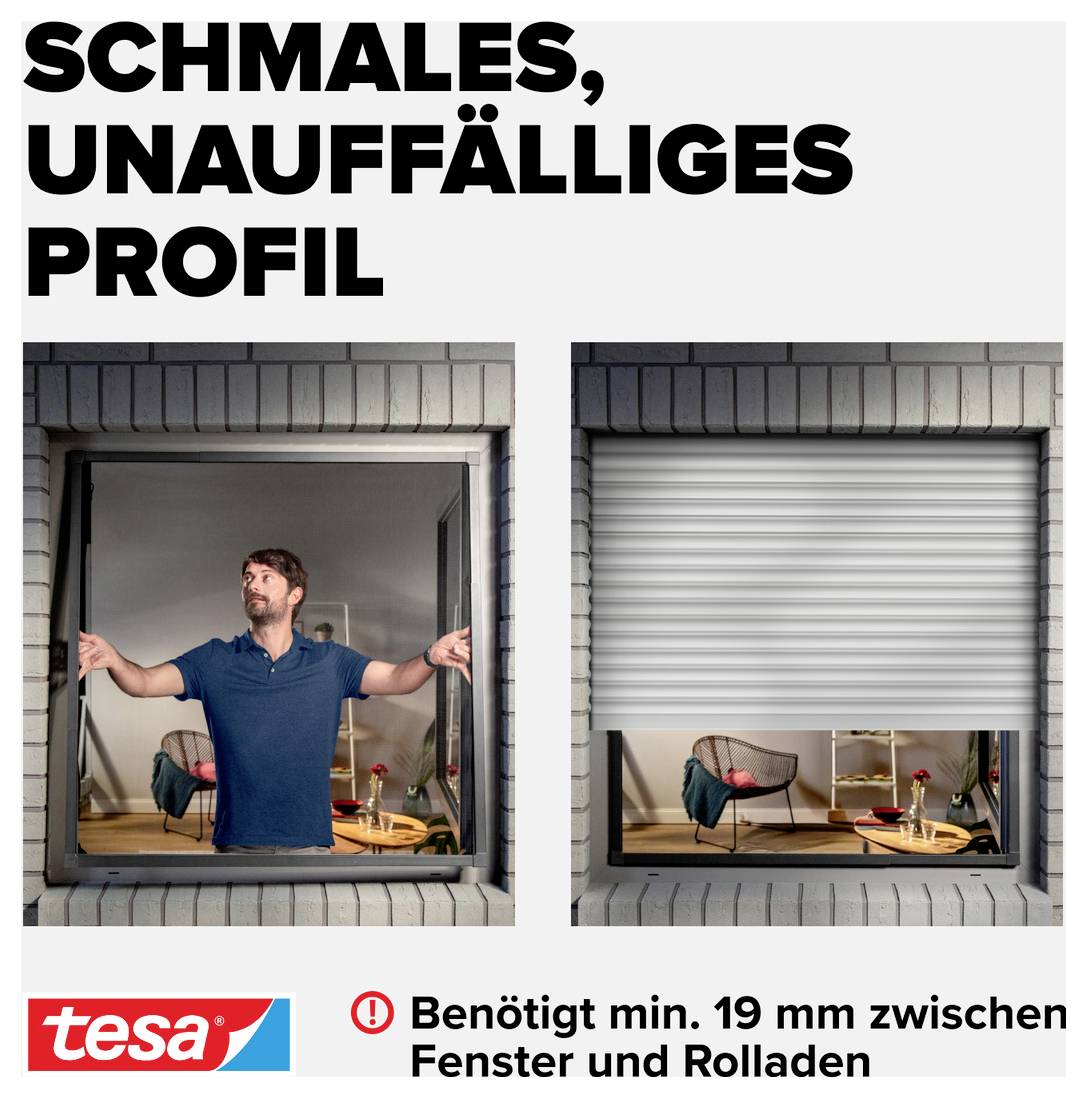 Werbung für tesa: schmales, unauffälliges Rollladenprofil; Vergleich eines offenen und geschlossenen Fensters, Hinweis 'Benötigt min. 19 mm zwischen Fenster und Rollladen'.