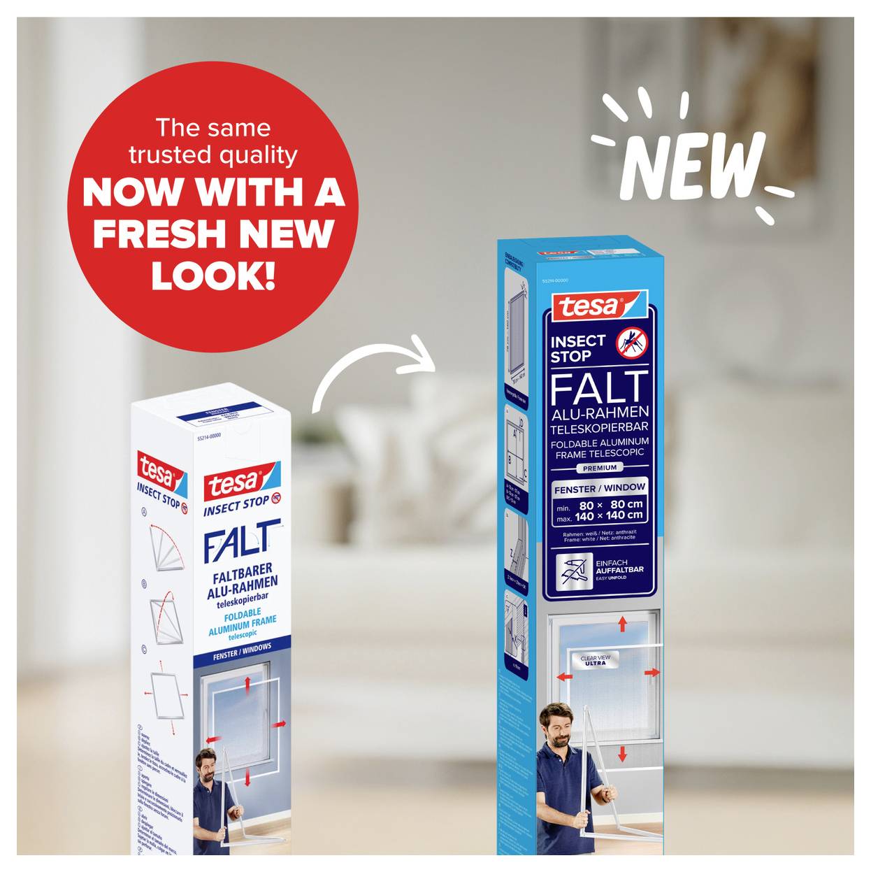 Anzeige für tesa insect stop FALT Insektenschutz, zeigt das gleiche Produkt in einem frischen neuen Look, mit alter weißer Verpackung und neuer blauer Verpackung mit der Bezeichnung 