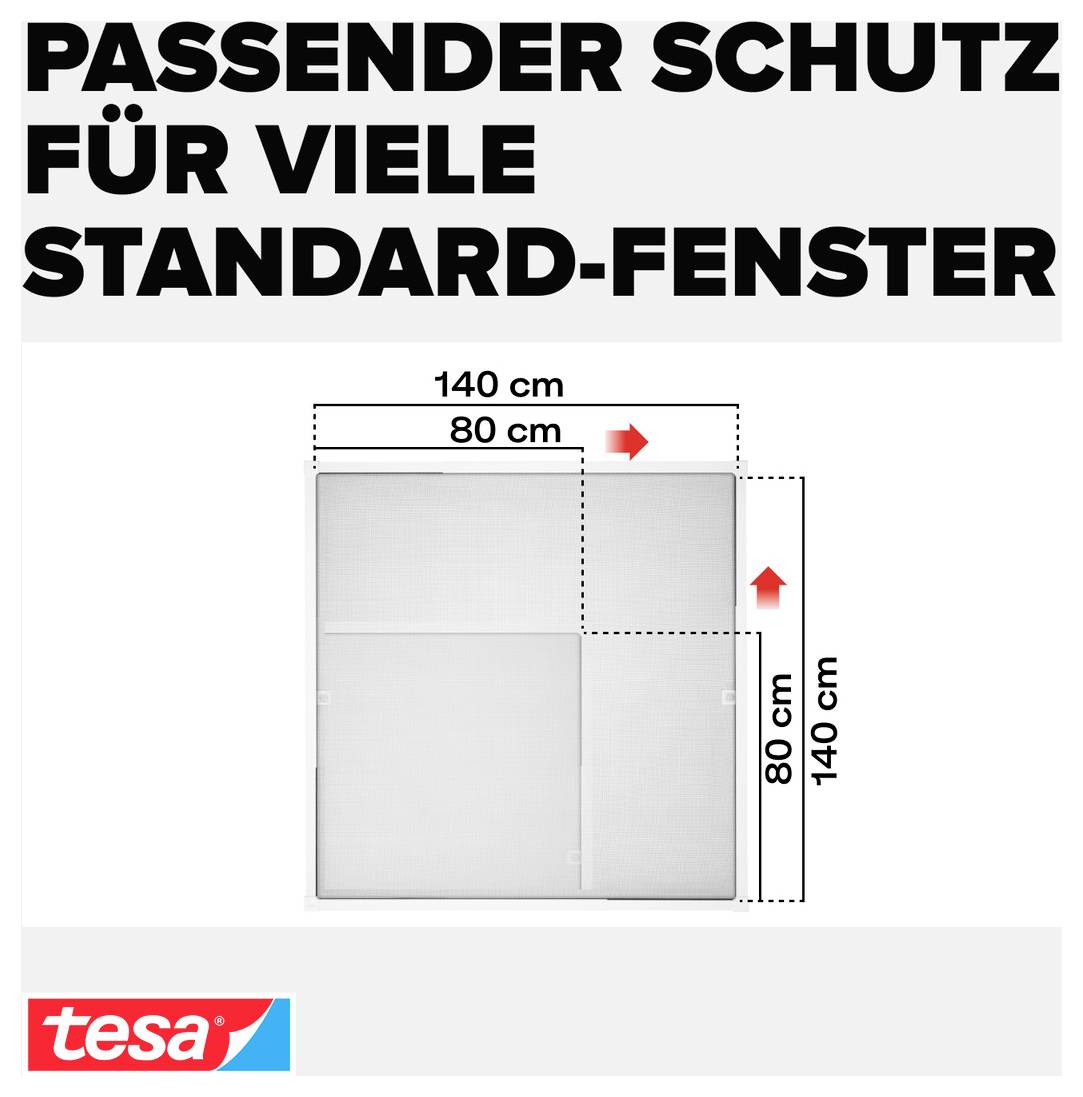 Tesa-Anzeige, die eine Fenster-Schutzfolie für viele Standardfenster zeigt, mit den Bezeichnungen „140 cm