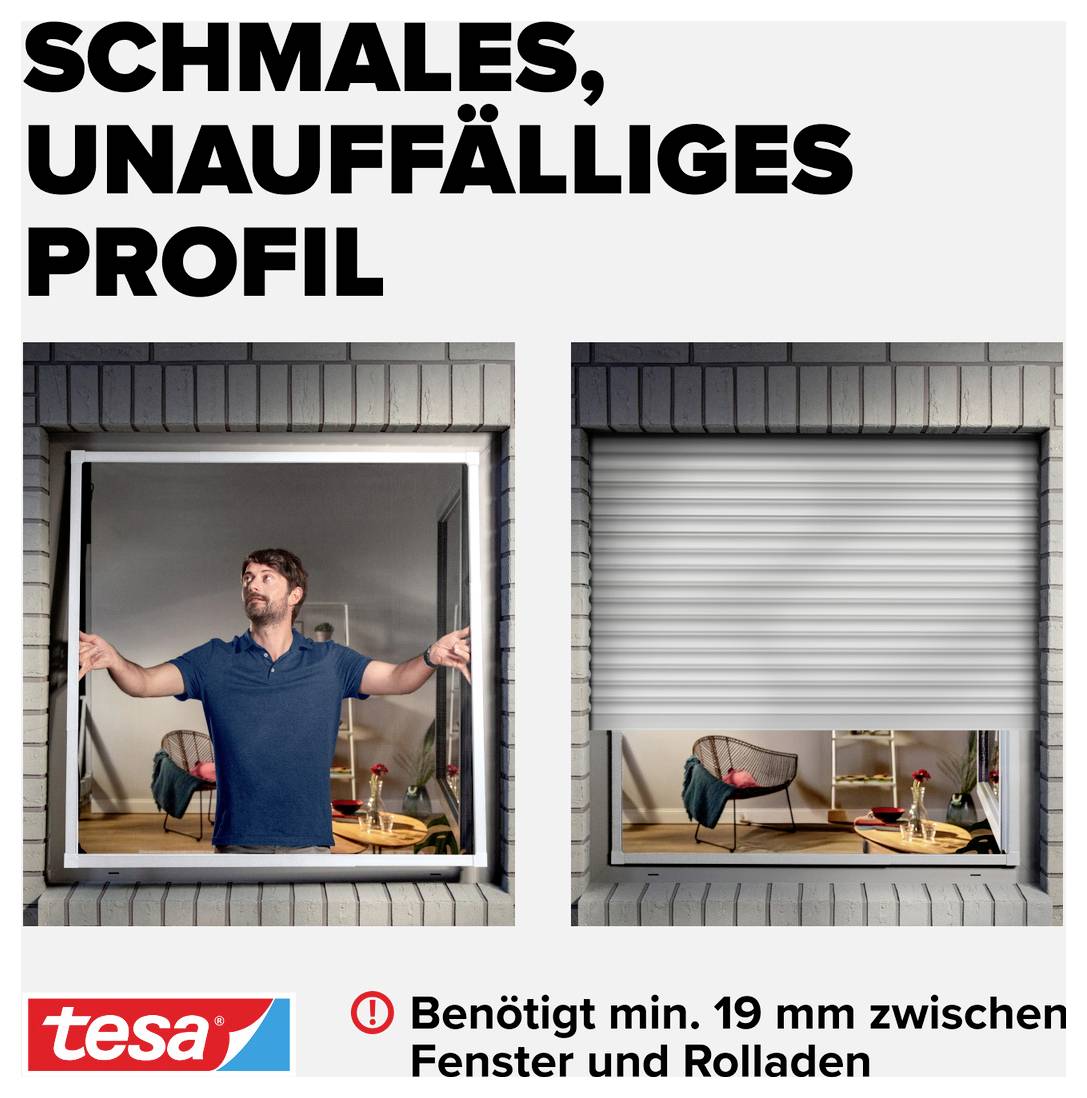 Tesa Insect Stop Glasfaserrolle vor und nach Redesign gezeigt, mit 
