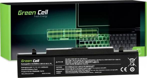 Ein Laptop-Akku von Green Cell mit Verpackung. Der Akku hat eine Spannung von 11,1 V und eine Kapazität von 4400mAh.