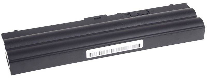 Ein Laptop-Akku in rechteckiger Form, schwarz, mit einem Barcode auf der Seite.