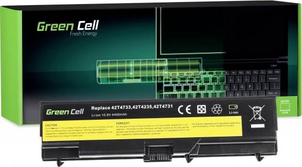 Eine Ersatz-Laptop-Batterie der Marke Green Cell, Modellnummer 42T4733, 10,8V 4400mAh, mit Verpackung im Hintergrund.