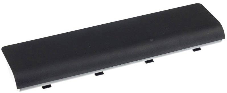 Ein schwarzer Laptop-Akku, länglich geformt, mit flacher Oberseite und sichtbaren Anschlusskontakten an der Unterseite.
