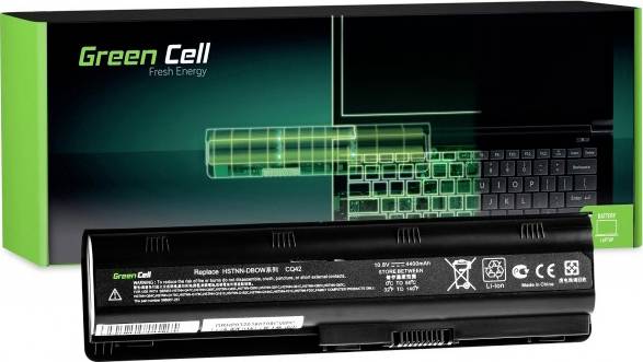 Laptop-Akku von Green Cell vor Kartonverpackung mit Grafik eines geöffneten Laptops. Text 'Green Cell Fresh Energy' ist zu sehen.