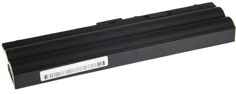 Schwarzer Laptop-Akku in länglicher, rechteckiger Form mit einem Barcode-Aufkleber auf der Seite.