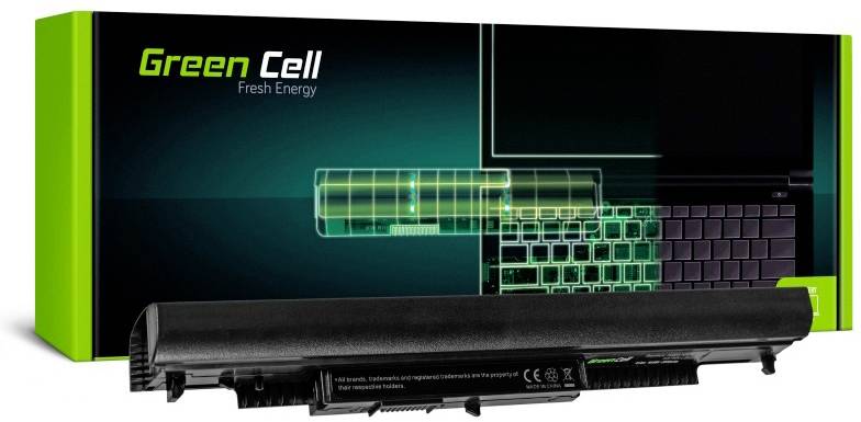 Die Abbildung zeigt einen Laptop-Akku von Green Cell vor seiner Verpackung mit dem Slogan 'Fresh Energy'.