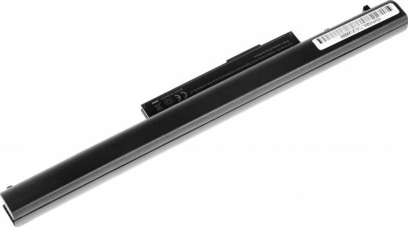 Ein schwarzer, zylindrischer Laptop-Akku mit einem Etikett und Barcode auf der Oberseite.