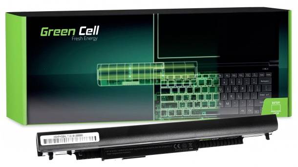 Laptop-Akku vor einer Verpackung mit der Aufschrift 'Green Cell Fresh Energy', daneben ein Bild eines Laptop-Tastatur-Layouts.