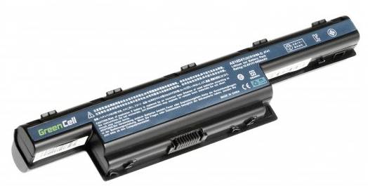 Laptopakku mit Schriftzug 'Green Cell', rechteckige, schwarze Form. Oben technische Informationen und Symbole. Energiespeicher für Geräte.