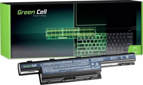 Eine Ersatzbatterie von Green Cell für Laptops, dargestellt mit Verpackung. Markiert mit Spezifikationen und Markenlogo.