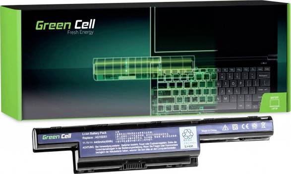 'Green Cell'-Verpackung mit einem Laptop-Akku im Vordergrund. Text 'Fresh Energy' und 'Lithium-Ion Battery'.